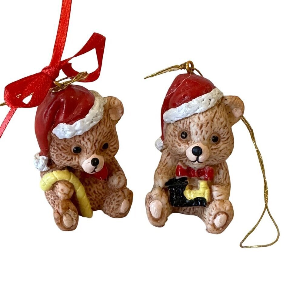 Vintage Miniature Santa Bear Ornament Set Christmas Decor Taiwan Hat Candy Gift
